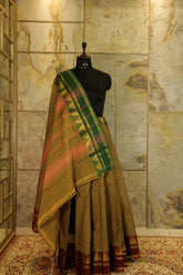 Dual tone Brown chettinad cotton saree with Ganga jamuna borders, Marron and Green temple broad Jari borders with traditional temple design